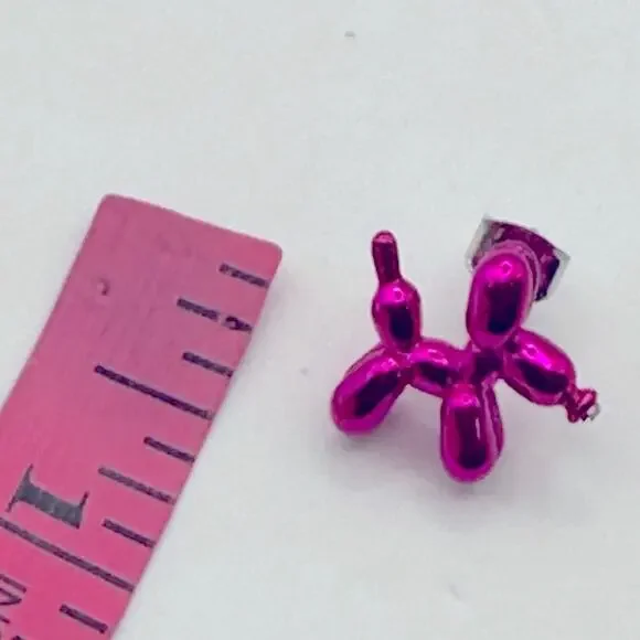 Metallic Hot Pink Balloon Animal Dog Earrings Pierced Modern Contemporary - Picture 4 of 5
